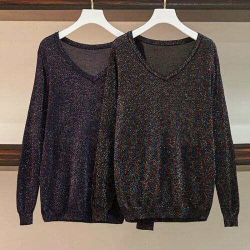 Nkandby Plus Size Lurex Shine Knitted Sweaters Women 2021 Autumn Winter Fashion V-neck Pullovers Jumpers Oversize Multicolor Top