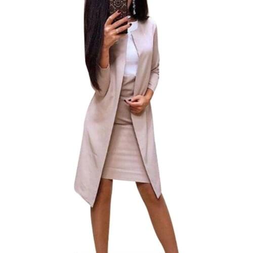 2Pcs Office Lady Autumn Fashion Solid Color Long Blazer Jacket Bodycon Mini Skirt Suit Business Suits For Women