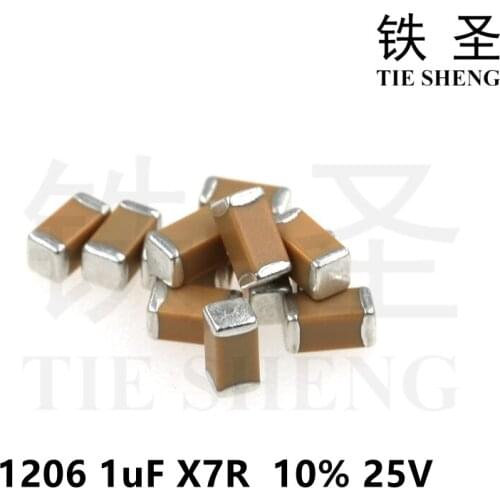 100pcs 1uF X7R 10% 25V 1206 105 smd capacitor