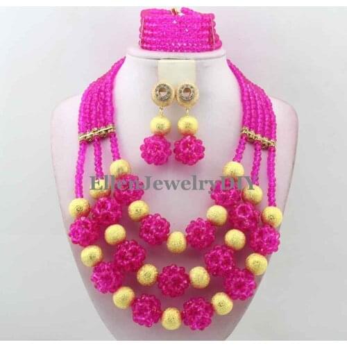 2016 African Hot Pink Crystal Beads Jewelry Set Nigerian Wedding Party African Jewelry Sets Crystal Beads Jewelry Sets W12854