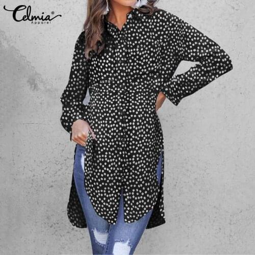 Celmia Small Floral Print Long Shirts Women Fashion Streetwear Tops Casual Lapel Split Hem Long Sleeve Blusas Office Lady Femme