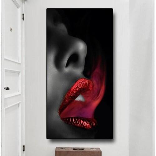 Black African Woman with Red Lip Oil Painting on Canvas Posters and Prints Cuadros Wall Art Picture for Living Room Decor