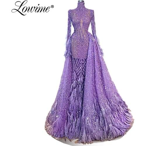 Purple Feather Glitter Evening Dresses 2020 New Arrival Dubai Kaftan Illusion Party Dress Full Sleeve Prom Gown Vestido De Festa