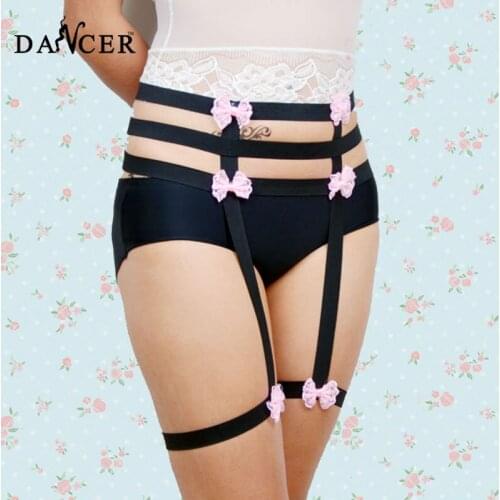 Harajuku goth Womens rave wear black elasticity Sexy Fashion Lace Pink bow bows Stockings & Garter leg harness Belt Suspender