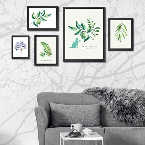 Modern Small Fresh Plant Leaf Canvas Painting Green Plant Cat Motto Wall Art Poster Living Room Study Home Decorative Pictures