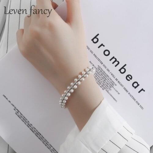 Multi Layer Handmade Woven 925 Sterling Silver Beaded White Pearl Bracelet Women Wedding Jewelry Gift Bridal Elastic Bracelets