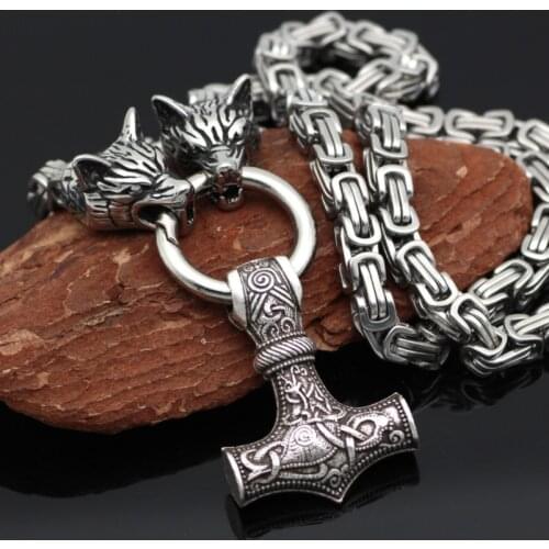 Mens High Quality Metal Celtic Hammer Pendant Viking Wolf Emperor Chain Necklace Nordic Amulet Jewelry