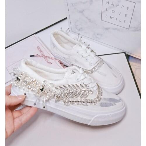 New Rhinestone Heavy Industry Handmade Beaded Flat Canvas Shoes All-match Casual Style Platform White Shoes