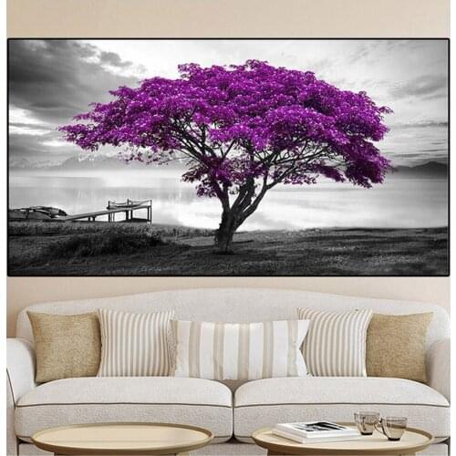 Landscape diamond painting with square rhinestones Embroidery Mosaic Full Square Round Picture Purple Tree 3d Cross Stitch N1270