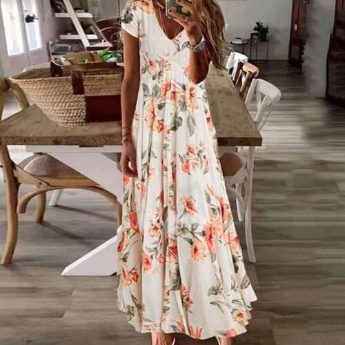 2021 Summer New Sale Women Fashion Short Sleeve V-Neck Flower Print Plus Size Loose Maxi Dress Elegent Lady Maxi Dress For Women
