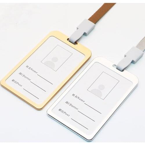 Luxury Brand Aluminium Alloy Vertical ID Card Holder with Lanyard Gold Silver Badge Holders Name Tag School Office Stationery