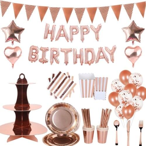Rose Gold Birthday Party Decorations Dispoable Tableware Cup Plate Napkins anniversary Party Decorations Wedding Supplies