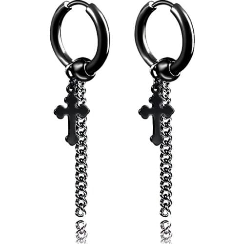 Steel Cross Long Chain Tassels Drop Earrings For Men Punk Stainless Steel Earrings Jewelry Brincos Gift
