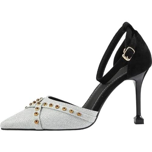 Color Matching Pointed Sequins High Heels Wild Fine Pearl Shallow Mouth Word Belt Sandals Hollow Baotou Single Shoes