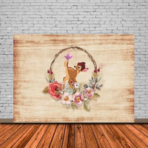 Flowers Basket Cartoon Deer Wooden Plank Wood Party Custom Photo Studio Kids Birthday Backdrop Background Vinyl Fabric Banner