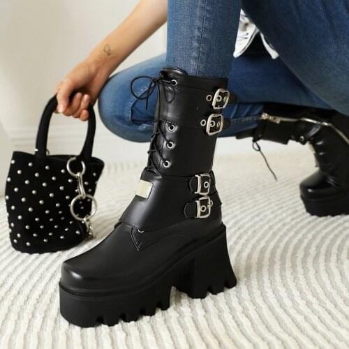 Womens Platform Belt Buckle Mid Calf Boots Chunky High Heel Punk Shoes Lace Up Motorcycle Black British Styles Plus Size New