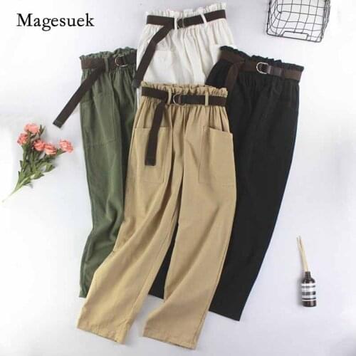 2020 Autumn Women Elastic High Waist Pants Big Pockets Straight Trousers with Belt Ankle-Length Cotton Cargo Pants Spodnie 10658