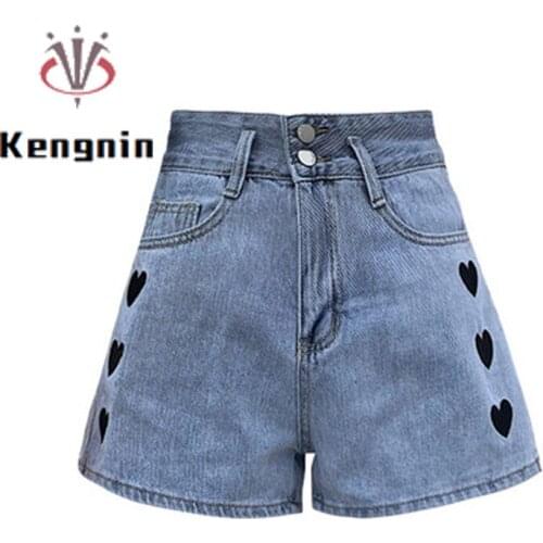 High Waist Denim Women Short Loose Korean Chic Ladies Short 2021 Summer Embroidery Love Design Female Wide Leg Pantsalone KE1302