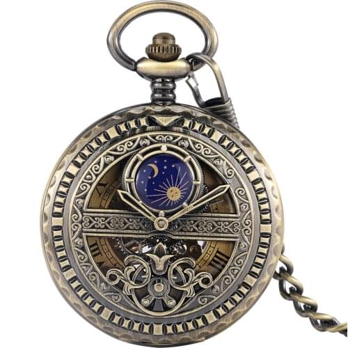 Simulation Pointer Blue Moon Sun Hollow Style Lady Pocket Watch Manual Mechanical Good Dial Practical Thick Chain Clock Mom Gift