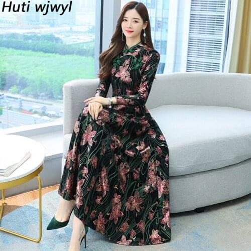 Chinese Style Women Elegant Evening Vestidos Autumn Winter Print Bodycon Long Sleeve Maxi Dress 2021 Vintage Casual Party Dress