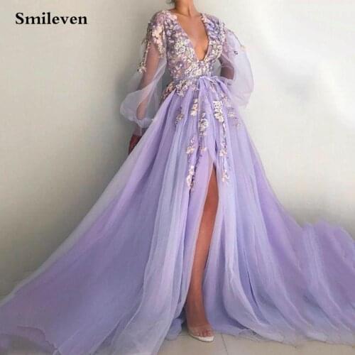Smileven Long Sleeves Evening Dress Party Gowns Robe De Soiree Formal Prom Dresses Plunging 3D Flowers Beading Top Evening Gowns