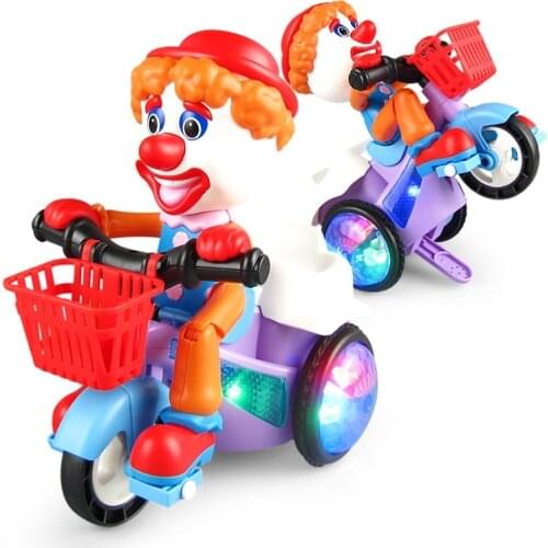 Automatic Three-Wheeled Motorcycle Music Light Mini Electric Motorbike Rotate Roll Clown Tricycle Cars Toys Kids Gift