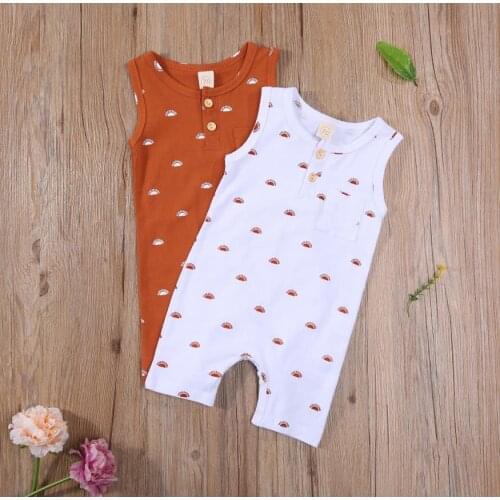 Newborn Baby Sleeveless Romper Baby Sun Print Round Neck Button Romper with Pocket Summer Boys Casual Rompers