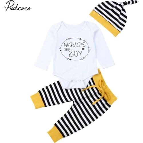 Pudcoco Newborn Baby Boy Autumn Winter Clothes Set Cotton Romper Tops Stripe Pants Trousers + Hat Sleepwear 3PCS Outfit