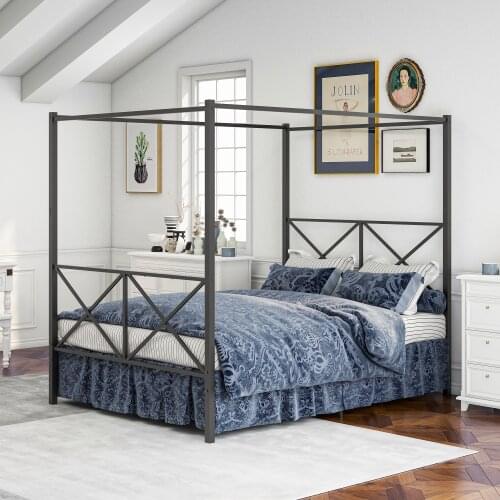 Queen/Full Metal Canopy Bed Frame Platform Bed Frame W/ X Shaped Headboard&Footboard Holds 400lbs Easy DIY Assembly Black[US-W]