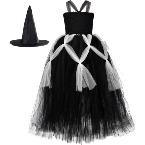Black White Spider Cosplay Costume for Girls with Witch Hat Ankle Length Kid Halloween Carnival Dress Up Clothes Party Dresses