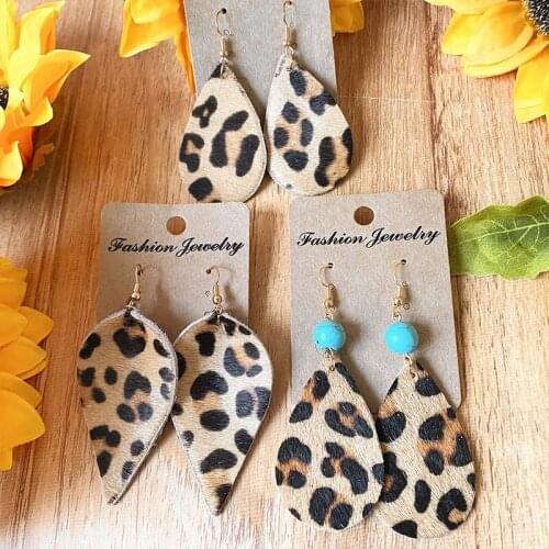 Leopard Genuine Leather Teardrio Water Drop Earrings for Women