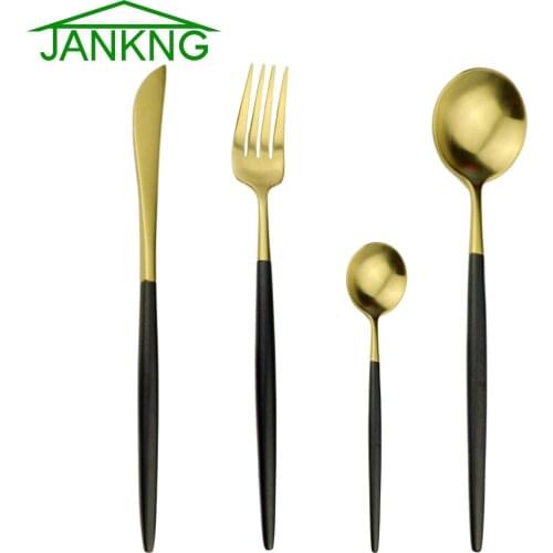 JANKNG 4-Pcs 304 Stainless Steel Flatware Set Matte Black Gold Dinnerware Set Tableware Utensils Accessories Silverware Dropship