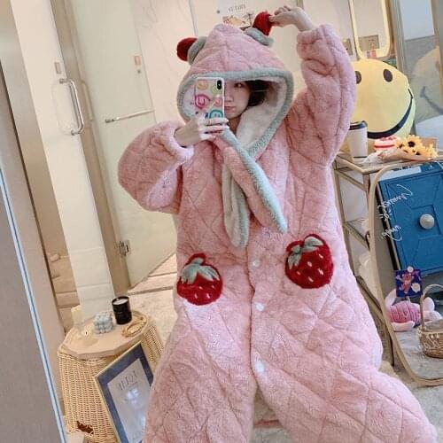 Strawberry Cotton Nightgown Pajamas Women Autumn and Winter Long Coral Cashmere Nightgown Lovely Thickened Warm Home Clothes