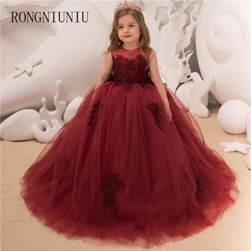 2019 New Flower Girls For Party And Wedding Burgundy Floor Length Ball Gown First Communion Dress Princess Girl Dress
