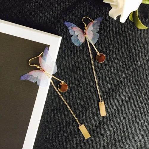 New Sweet Women Drop Earrings Personatity Chiffon Lace Big Butterfly Long Crystal Tassel Earring Fashion Jewelry