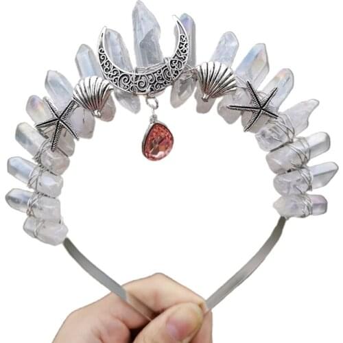 Handmade Raw Crystal Headband Crown Metal Moon Shell Starfish Cosplay Hair Hoop A0NF