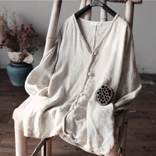 NINI WONDERLAND 2021 Spring Linen Casual Shirt New Women Autumn Cardigan Coat Lady Loose Tops V Neck Mori Girls Style Shirts