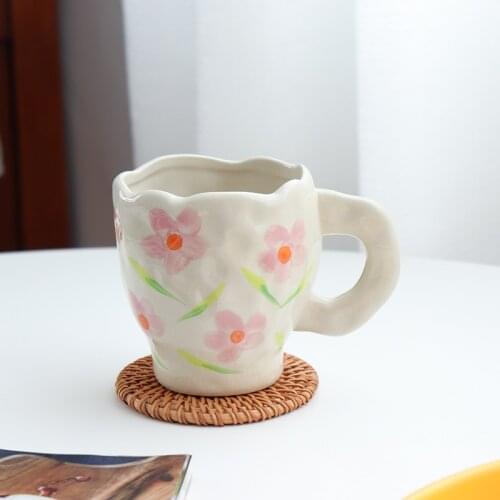 Creative Hand-Painted Flower Mug Ceramic Hand-Pinching Coffee Cup Handgrip Kawaii Household Breakfast Milk Mugs Office Cup