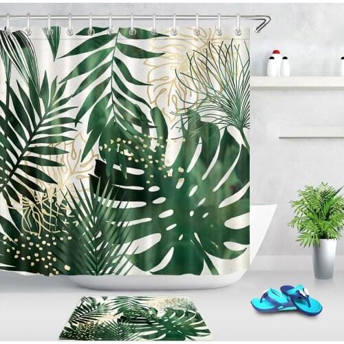 Green Tropical Plants Shower Curtain Leaves Printing Bath Curtains Waterproof Polyester Bathroom Shower Curtain with 12 Hooks