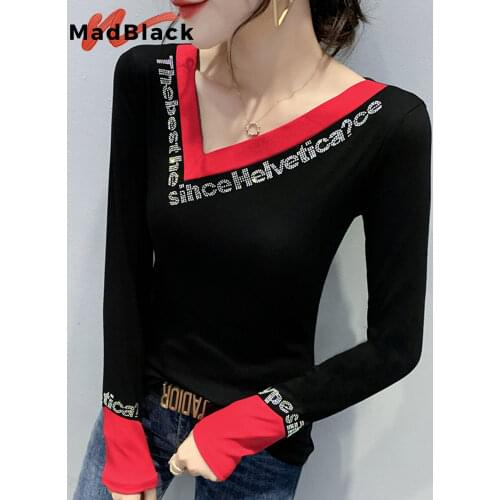 Spring Fall European Clothes Cotton T-Shirt Fashion Sexy Skew Collar Color Blocking Shiny Diamonds Women Tops Tees 2021 T18619A