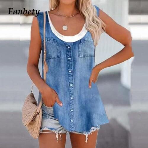Women Vintage Sleeveless Tank Tops 2021 Summer New Fashion Pockets Loose Shirts Casual V-Neck Button Denim Blouse Shirts 2XL