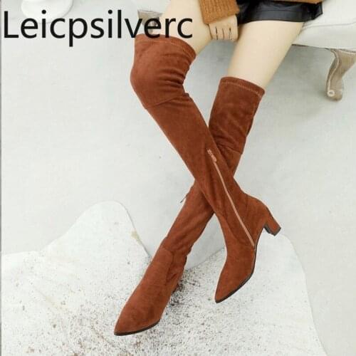 Womens Boots winter new style fashion Flock Pointed zipper Thick heel mid heel Womens Over the knee boots plus size 32-48