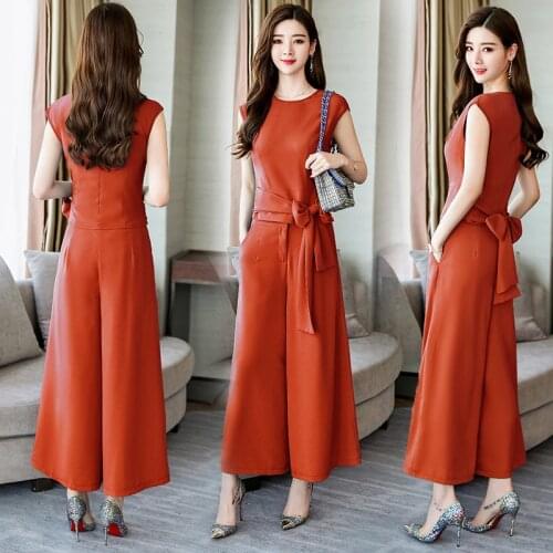 Womens set clothing Fashion womens Pants suits 2018 summer Slim was thin solid color T-shirt + wide leg pants Two Piece