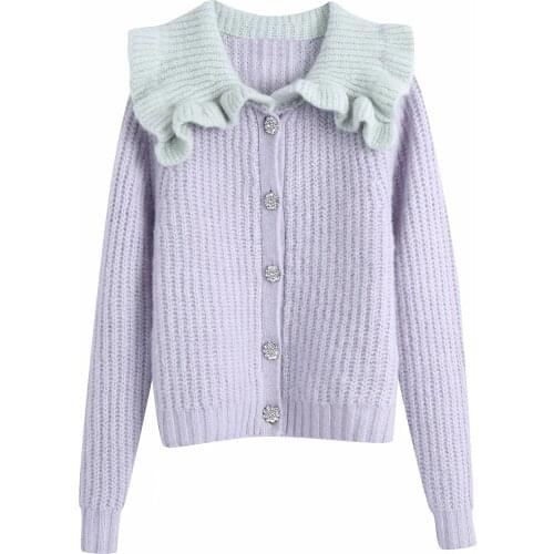 ZA Women Fashion With Rhinestone Buttons Ruffles Knitted Cardigan Sweater Vintage Long Sleeve Loose Female Outerwear Chic Tops