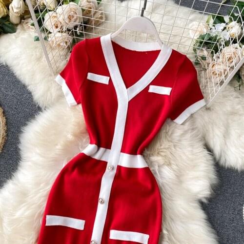 Robe en tricot extensible à manches courtes pour femmes, col en v, pull à rayures blanches, Sexy, Mini robe étagée