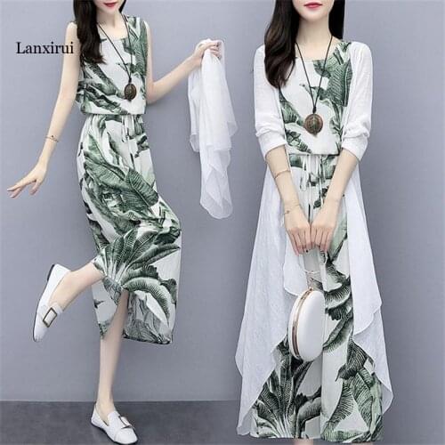 Spring Cotton And Linen Dress Suit Plus Size Summer Loose National Style Printed Womens Elegant Dress Two-piece Set
