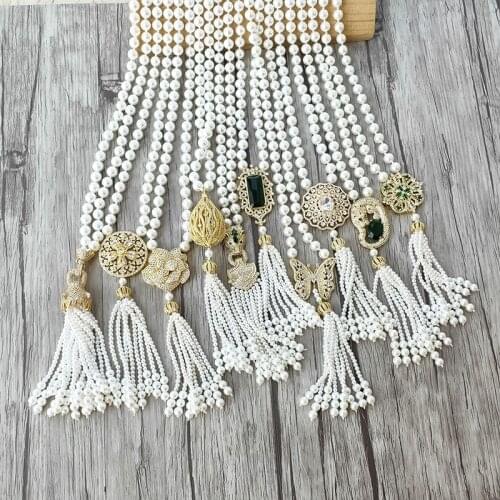 1Pcs Handmade golden charm Pendant CZ Micro pave Connector,Natural Shell Pearl Beads Chain tassels Women Jewelry Necklace
