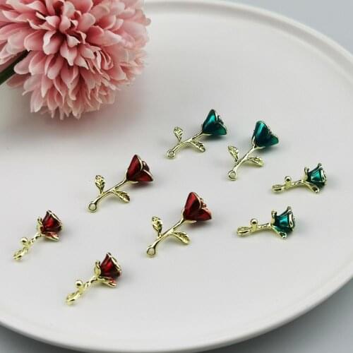 10pcs 3D Gold Color Enamel Rose Charms Oil Drop Red Rose Flower Pendants For Wedding DIY Jewelry Finding Earring Hair Floating