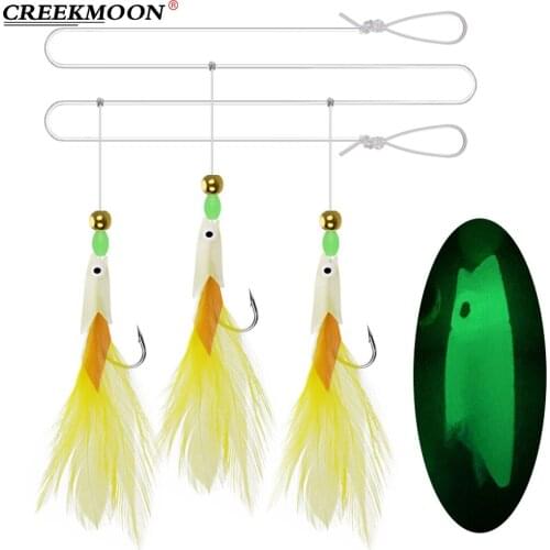 15pcs Luminous Sea Rigs Jigging Fishing Hook Bait String Hooks with Colorful Feather Tinsel Tube Lure Sinkers Head for Herring