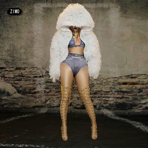 Fashion Sexy man women print jumpsuit fur coat nightclub bar concert DJ singer dancer stage costume rave festival performance